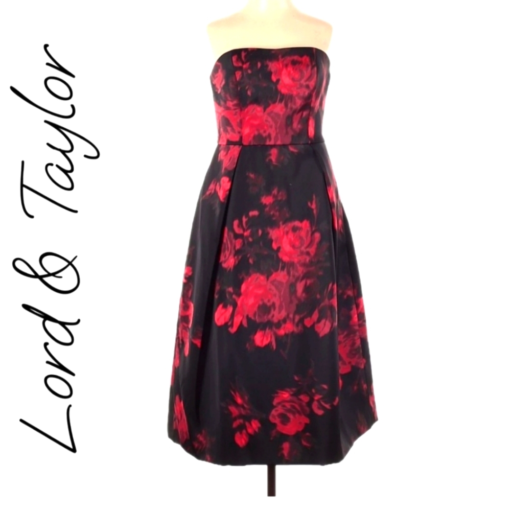 Lord and Taylor Red and Black Flared Lined Strspless Formal Dress Size 14